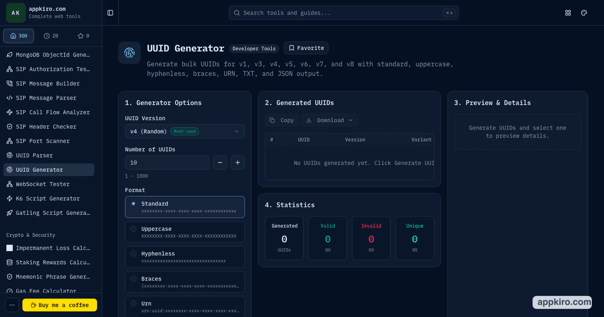 UUID Generator Online for v4, v7 and Bulk Output | appkiro.com