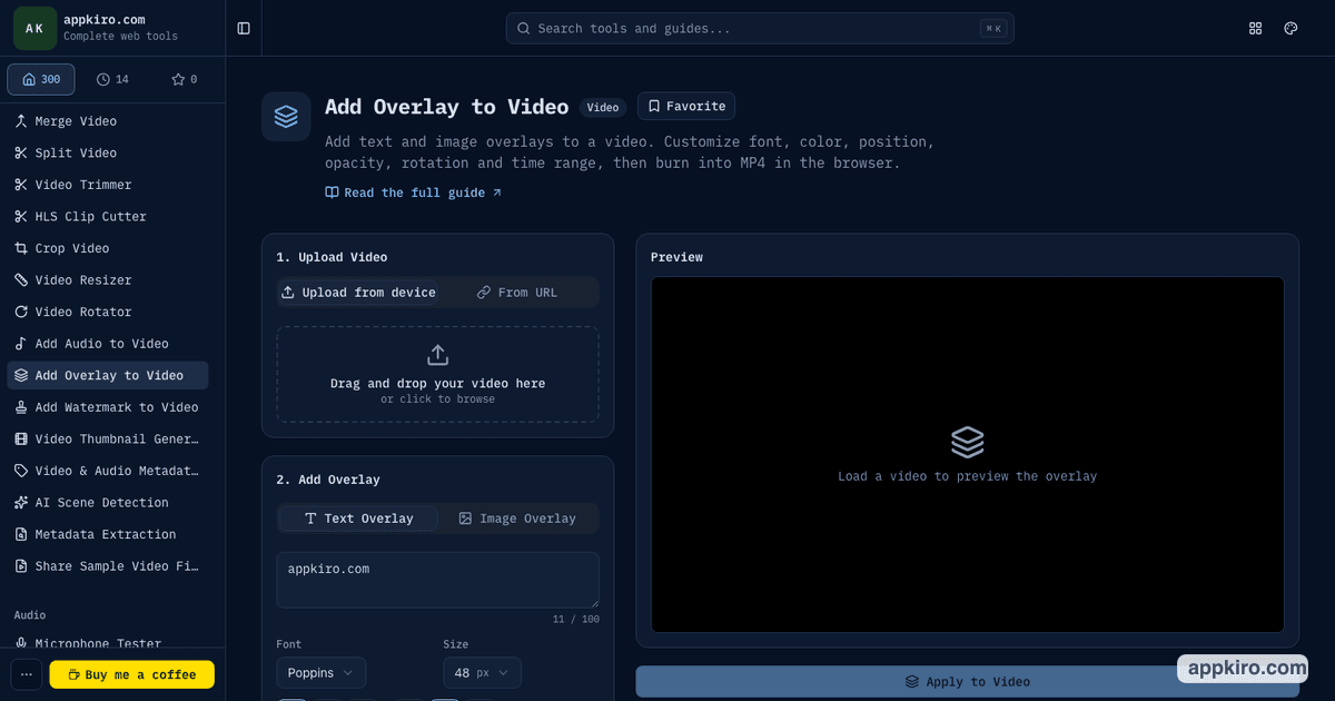 Add Overlay to Video interface showing upload, text overlay controls, preview, and result panel