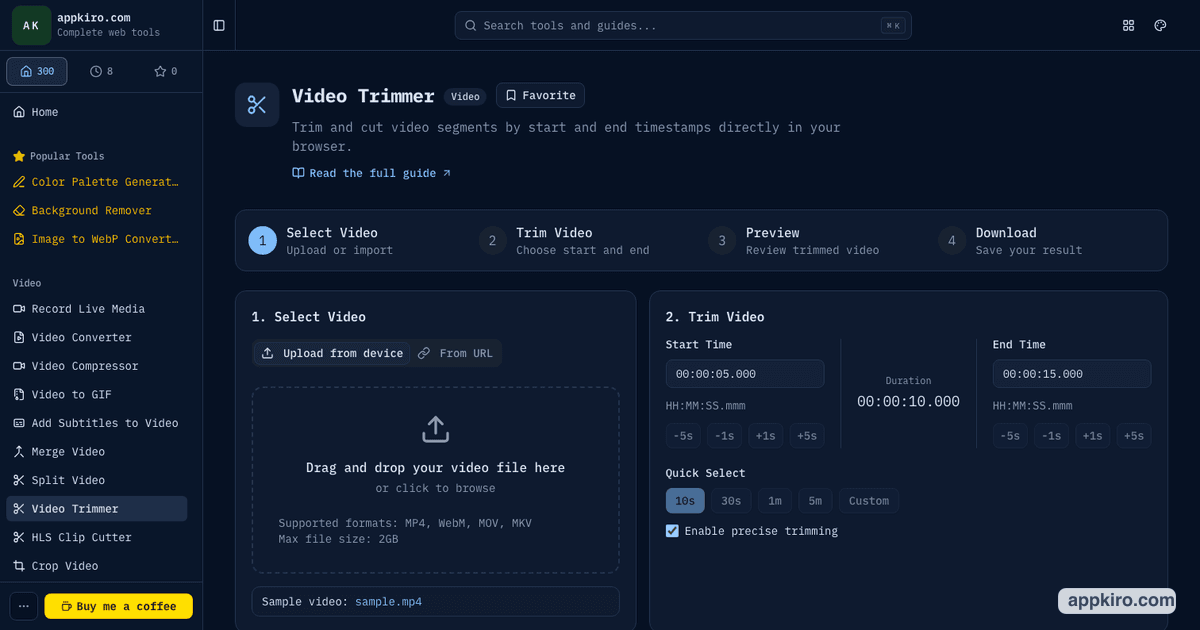 Video Trimmer interface with preview, timeline, start and end controls, and export settings
