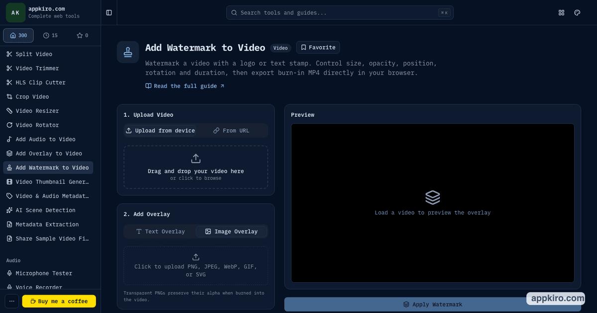 Add Watermark to Video interface showing upload, image overlay watermark controls, preview, and result panel